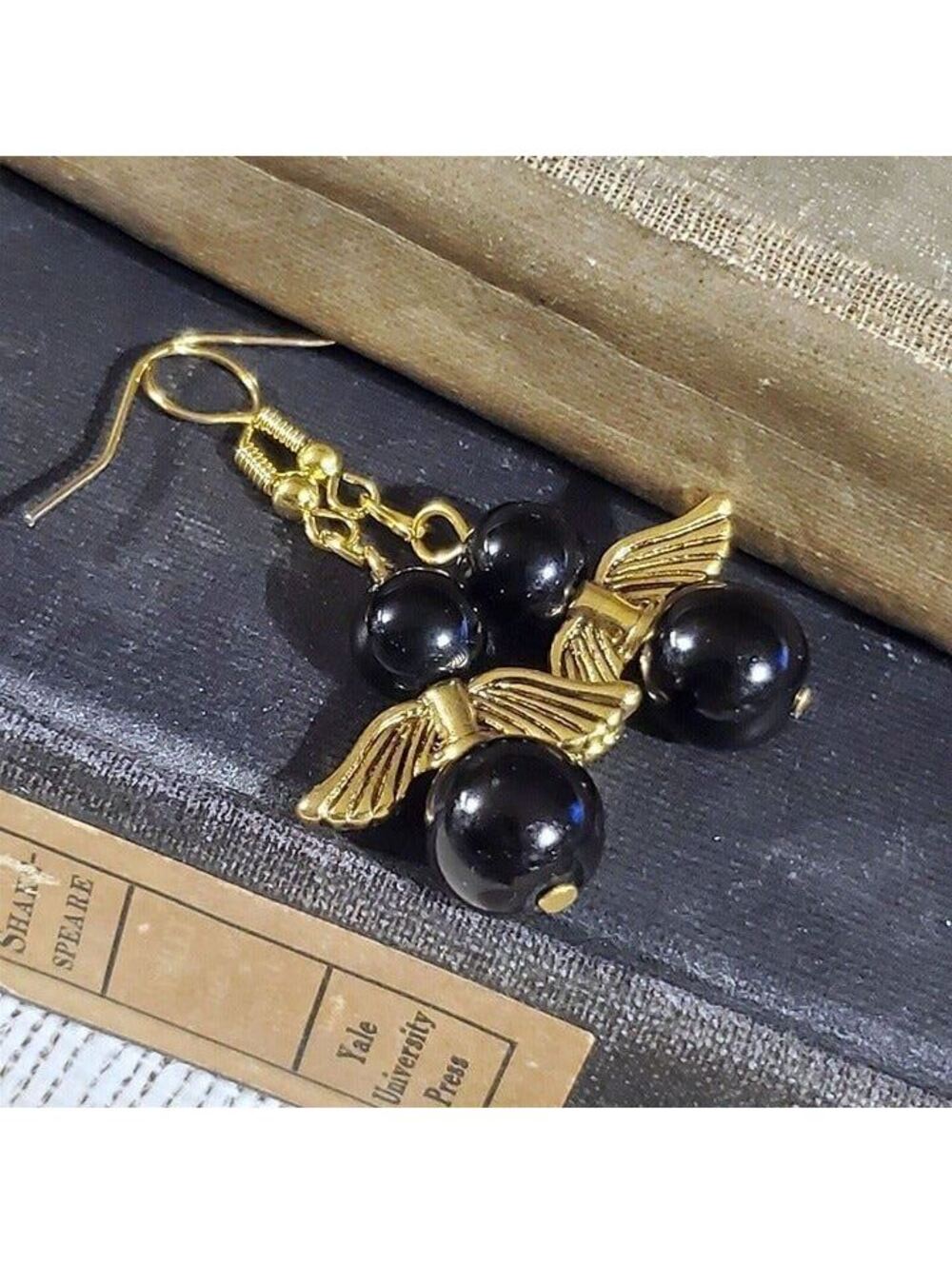 Sustainable Christmas Holiday Angels Gold Plated Black Glass Pearl Earrings